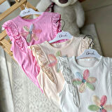 Kız Çocuk Çiçekli Fırfırlı Kısa Kollu %100 Pamuklu T-shirt