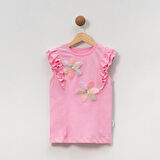 Kız Çocuk Çiçekli Fırfırlı Kısa Kollu %100 Pamuklu T-shirt