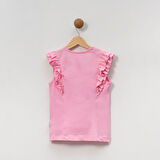 Kız Çocuk Çiçekli Fırfırlı Kısa Kollu %100 Pamuklu T-shirt