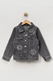 Çiçek Detaylı Kız Çocuk Kot Ceket