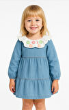 Bebe Yaka Nakışlı Uzun Kollu Kız Çocuk Kot Elbise