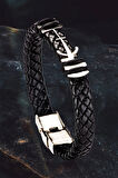 Erkek Çelik Bileklik - Deri Örgülü Çapa Model Çelik Bileklik