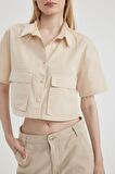 DeFacto Coool Oversize Geniş Kalıp Poplin Kısa Kollu Crop Gömlek C0739AX24SPBG360
