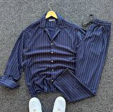 Alaçatı Stili Unisex Krep Kumaş Çizgili Gömlek ve Pantolon Takım