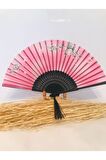 - Özel Hediye Kutusu Ile Bambu Pembe - Yeşil Ipeksi Dokunuşlu Kaliteli Japon Yelpaze