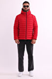 Erkek Kırmızı Rüzgar Geçirmez Kapüşonlu Taşınabilir Çantalı Elyaf Dolgulu Hafif Spor Mont | M