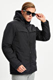Erkek Siyah Elyaflı Rüzgar Geçirmez Kapüşonlu Kışlık Mont & Kaban & Parka | S