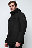Erkek Siyah Elyaflı Rüzgar Geçirmez Kapüşonlu Kışlık Mont & Kaban & Parka | S