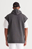 Erkek Antrasit-melanj Oversize Bol Kesim 3 Iplik Kapüşonlu Baskılı Sweatshirt