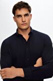 D'S Damat Slim Fit Lacivert Düğmeli Yaka %100 Pamuk Yazlık Flamlı Keten Görünümlü Gömlek 6HC02ORT63265