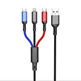 3 in1 Lightning-Micro-Type-C Hızlı Çoklu Şarj Kablosu 3A 1.2m Siyah