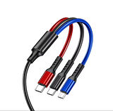 3 in1 Lightning-Micro-Type-C Hızlı Çoklu Şarj Kablosu 3A 1.2m Siyah