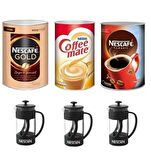 Nescafe Gold 900 gr + Nescafe Classic 1000 gr + Coffee Mate 2000 gr + 3 Adet French Press