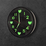 Fosforlu 3d Kalpli Siyah Küçük Duvar Saati Fosforlu Küpe Zincirli Kolye Seti