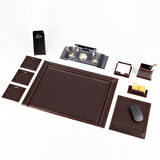 10 Parça Eskitme Desenli Kahverengi Deri Sümen Takımı ve Kristal Masa İsimliği Ofis Masa Sümen Seti