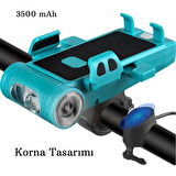 Monozone  5in1 Bisiklet Feneri Şarjlı Telefon Tutucu+Korna +Sis Farı 3500Mah PowerBank Scooter Lambası 