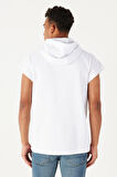 Erkek Beyaz Long Fit Kapüşonlu Kolsuz Sweatshirt