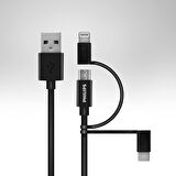Philips DLC3104T MFİ Apple Uyumlu Lisanslı 3in1 Micro Usb-Lightining-Type-C Şarj ve Data Kablosu 1.2m Siyah