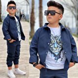 MODAVALS GABARDİN GÖMLEK KARGO CEP PANTOLON ve KAPLAN BASKILI TSHIRT 3 PARÇA ERKEK ÇOCUK TAKIM 