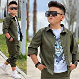 MODAVALS GABARDİN GÖMLEK KARGO CEP PANTOLON ve KAPLAN BASKILI TSHIRT 3 PARÇA ERKEK ÇOCUK TAKIM 