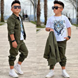 MODAVALS GABARDİN GÖMLEK KARGO CEP PANTOLON ve KAPLAN BASKILI TSHIRT 3 PARÇA ERKEK ÇOCUK TAKIM 