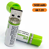BUFFER® USB Şarjlı 1450mAh AA 1.2V Lityum Kalem Pil – 2’li Set, Tekrar Şarj Edilebilir Uzun Ömürlü D