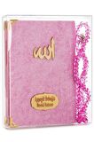 10 Adet Kadife Kaplı Yasin Kitabı - Çanta Boy - İsim Baskılı Plaka - Tesbihli - Şeffaf Kutulu - Pembe - Hediyelik Yasin Seti