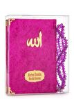 10 Adet Kadife Kaplı Yasin Kitabı - Çanta Boy - İsim Baskılı Plaka - Tesbihli - Şeffaf Kutulu - Fuşya - Hediyelik Yasin Seti