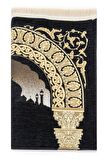 Taç Mahal Desenli Şönil Seccade - Siyah Renk