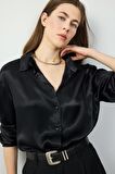 Regular Fit Gömlek Yaka Saten Basic Düz Uzun Kollu Gömlek