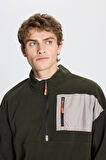 Erkek Haki Oversize Bol Kesim Bato Yaka Cep Detaylı Fermuarlı Soğuk Geçirmez Polar Sweatshirt
