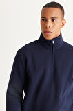 Erkek Lacivert Standart Fit Normal Kesim Içi Polarlı Bato Yaka Pamuklu Sweatshirt