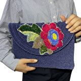 Uretti - Necla 1824 5631 El Yapımı Makrome İp  Çiçek Motifli Boncuk İşleme Detaylı Clutch Çanta / Lacivert