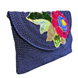 Uretti - Necla 1824 5631 El Yapımı Makrome İp  Çiçek Motifli Boncuk İşleme Detaylı Clutch Çanta / Lacivert