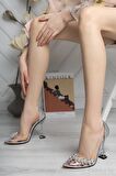 Kadın Prenses Gümüş Şeffaf Taşlı Kadın Yüksek Topuklu Abiye Stiletto Kadeh Topuk Sivri Burunlu