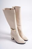Kadın Paris Krem Tokalı Detaylı Yandan Fermuarlı Diz Altı Cizme 410