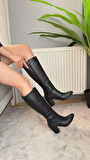 Kadın Morena Siyah Deri Görünümlü Yandan Fermuarlı Diz Altı Cizme