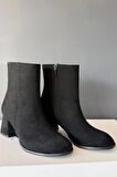 Kadın Marta Siyah Süet 6 cm Kalın Topuklu Yumurta  Burun Fermuarlı Bot