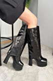 Kadın Herney Siyah Kırışık Rugan 12 cm Platfom Topuklu Tak Çıkart Bot Çizme