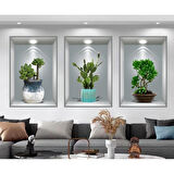 3d Çiçek Vazo Duvar Sticker 3 Lü Set Gri Fon (4915)