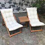 Reyo Gürgen Ahşap Katlanabilir Şezlong ve Sehpa Seti, 2 Şezlong ve 1 Sehpa, 120x50 cm Minderli, Krem