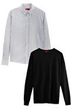 Ds Damat Slim Fit Siyah Pamuk Karışımlı 2'Li Bisiklet Yaka Gömlek Ve Kazak 3HC06ORTKBN01