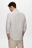 Ds Damat Slim Fit Mavi İnce Çizgili Düğmeli Yaka %100 Pamuk Flamlı Yazlık Keten Görünümlü Gömlek 0HC02ORT07265 0HC02ORT07265