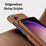 Polham Kamera Korumalı Darbe Emici Samsung Galaxy S23 Uyumlu Deri Kılıf, Premium Kumaş Dokumalı