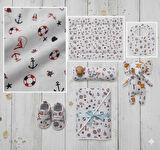 %100 Pamuk Denizci Temalı Çapa & Dümen Desenli Müslin Kumaş 100*180 cm Metrelik Müslin Kumaş