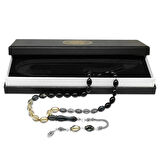 925 Ayar Gümüş Püsküllü Arpa Kesim Gümüş İsim Yazılı Süzme Beyaz-Siyah Ateş Kehribar Tesbih