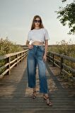 Kadın Yüksek Bel Skater Fit Jean Pantolon Mavi