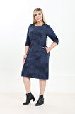 Çift Cepli Desenli Esnek Kışlık Büyük Beden Midi Elbise 4A-2754