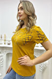 Büyük Beden Bisiklet Yaka Geometrik Desenli Crystal Taşlı Kısa Kol Şık Pamuk Kırmızı Kadın T-shirt