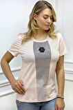Bisiklet Yaka Crystal Taşlı Büyük Beden Plus Size Pamuk Şık Rahat Siyah Kadın T-shirt